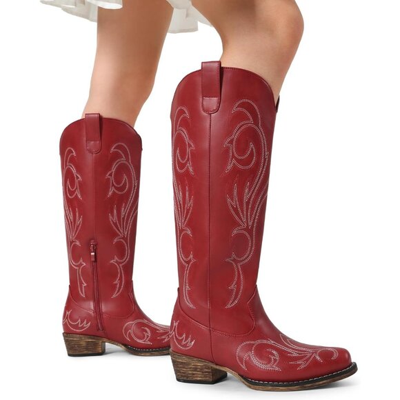 Women's Red Embroidered Cowboy Boots Comfortable Cowgirl Knee High Boots - Picture 6 of 8